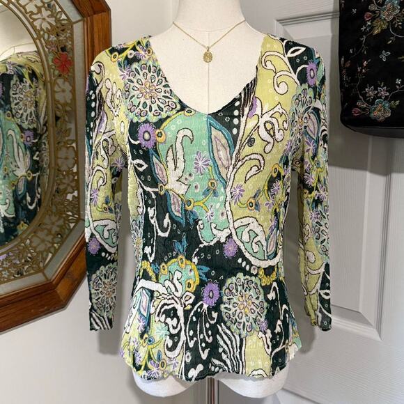 VTG 90s/Y2K Alberto Makali Green Multicolor Crinkle Sequin Whimsy 3/4 Sleeve Top - Picture 3 of 8
